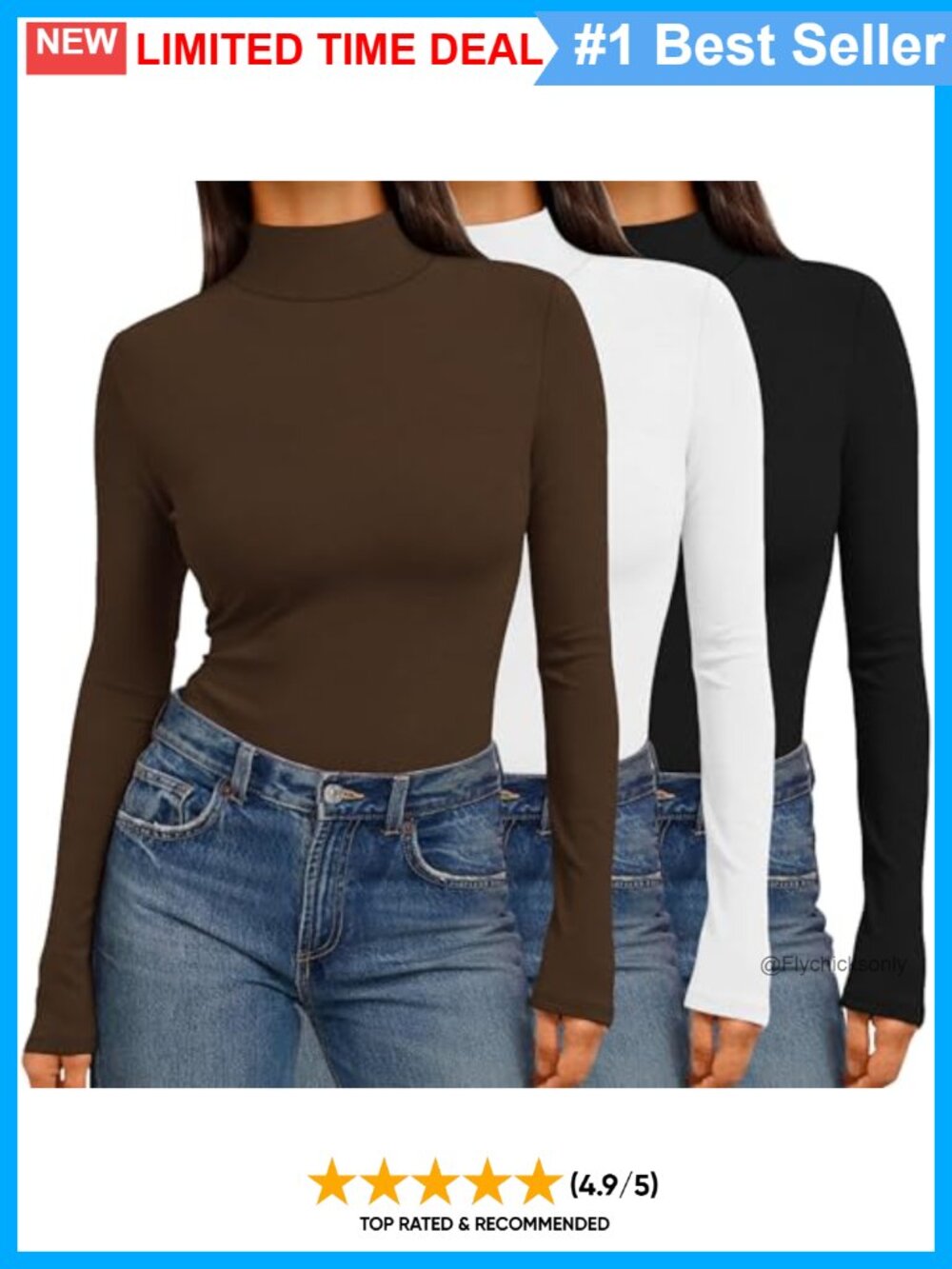 Ekouaer 3 Pack Womens Mock Turtleneck Long Sleeve Base Layer Tops Fitted